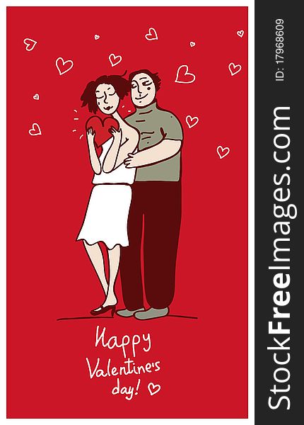 Young couple in love with hearts. Valentine's card.