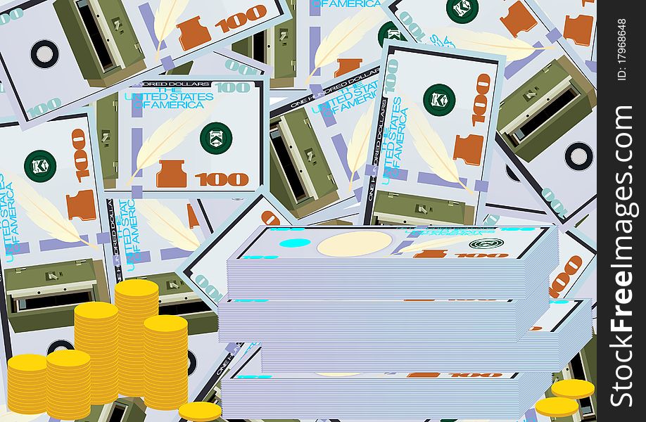 Bundles of money and piles of coins on the background of the banknotes with images on them armored safe.