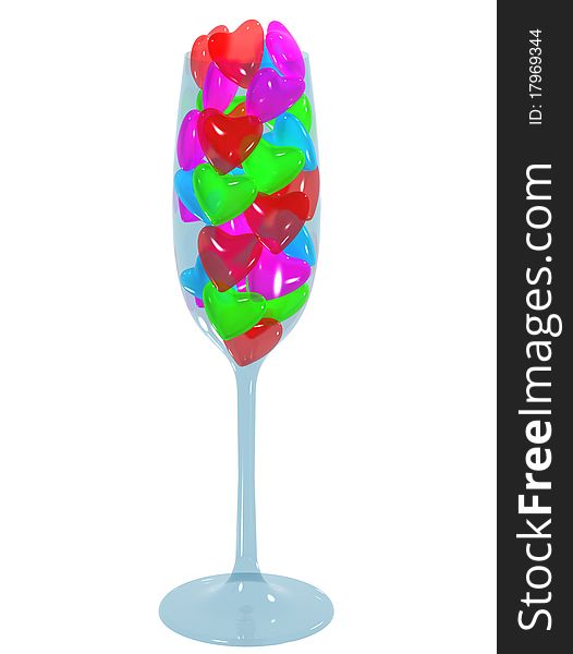 Blue glass with hearts inside on white isolated background. Blue glass with hearts inside on white isolated background