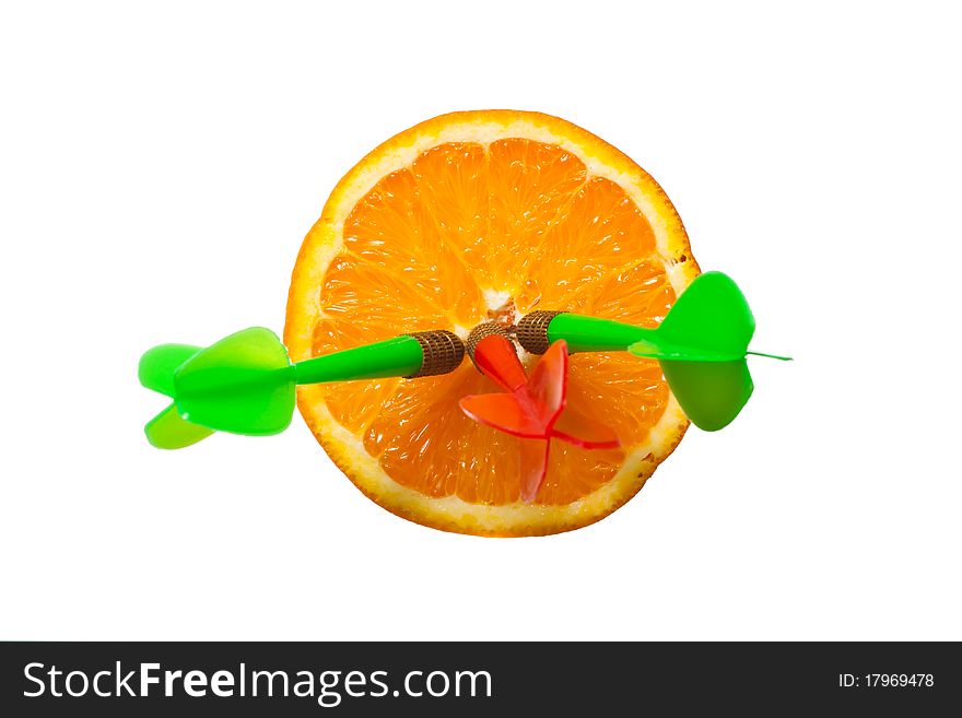 Three darts hit orange on white isolated background