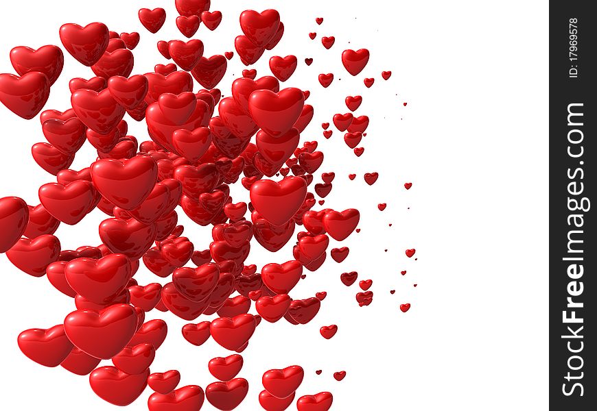 Abstract red hearts, flying over white background, 3d render