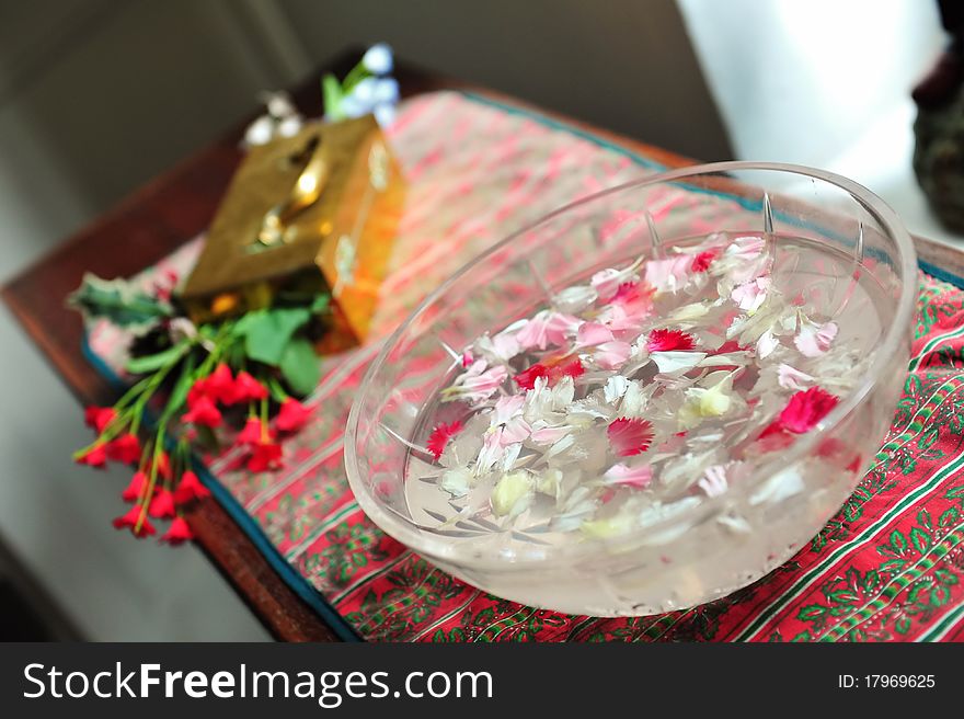 A bowl of flower petals as decoration in an English home. A bowl of flower petals as decoration in an English home