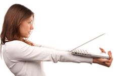 Young Woman Giving Laptop Computer Stock Images