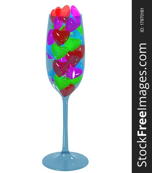 Blue glass with hearts inside on white isolated background. Blue glass with hearts inside on white isolated background