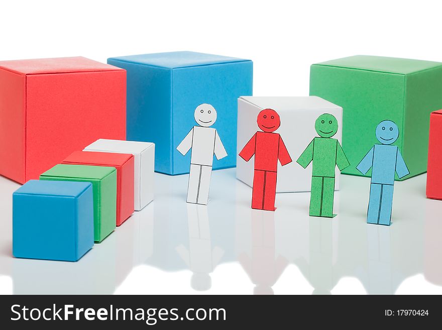 Four happy coloured toy men with colorful boxes. Four happy coloured toy men with colorful boxes