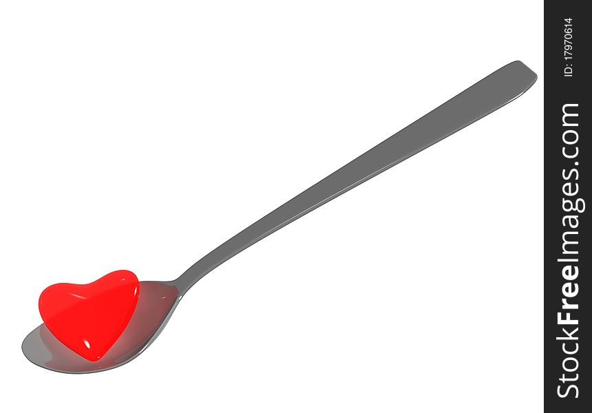 Red heart on spoon on white isolated background. 3D render. Red heart on spoon on white isolated background. 3D render.