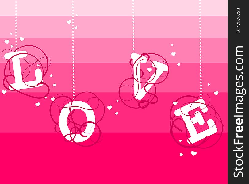 The word love and hearts on a pink background.