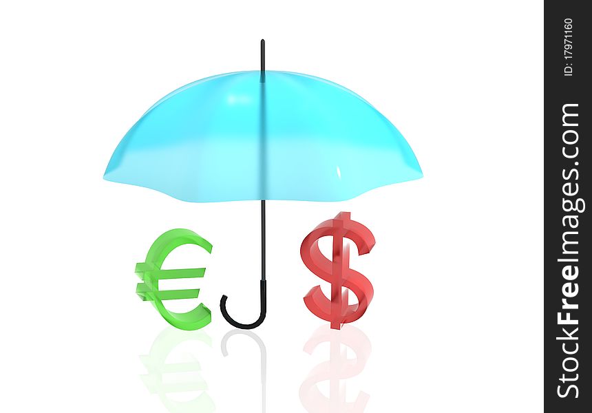 Euro and Dollar under umbrella on white isolated background