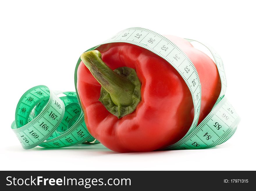 Bulgarian pepper and centimeter, white background, isolated