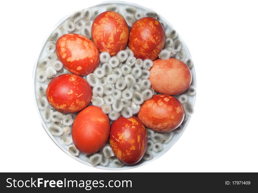 Red easter eggs and willow on plate with white isolated background. Red easter eggs and willow on plate with white isolated background