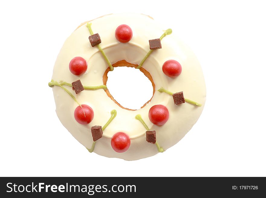 Delicious white doughnut with amzing topping isolated on white background. Delicious white doughnut with amzing topping isolated on white background