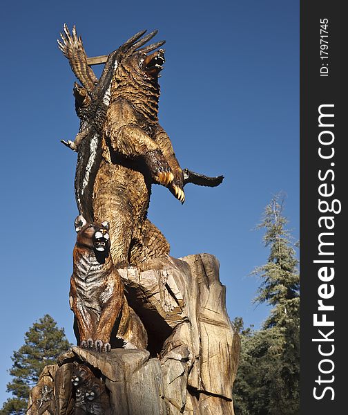 Wood carving stands in the center of town, Idyllwild, California. Wood carving stands in the center of town, Idyllwild, California