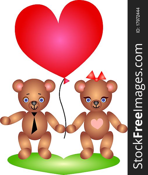 Happy Teddy Bears couple holds red heart-shaped balloon.