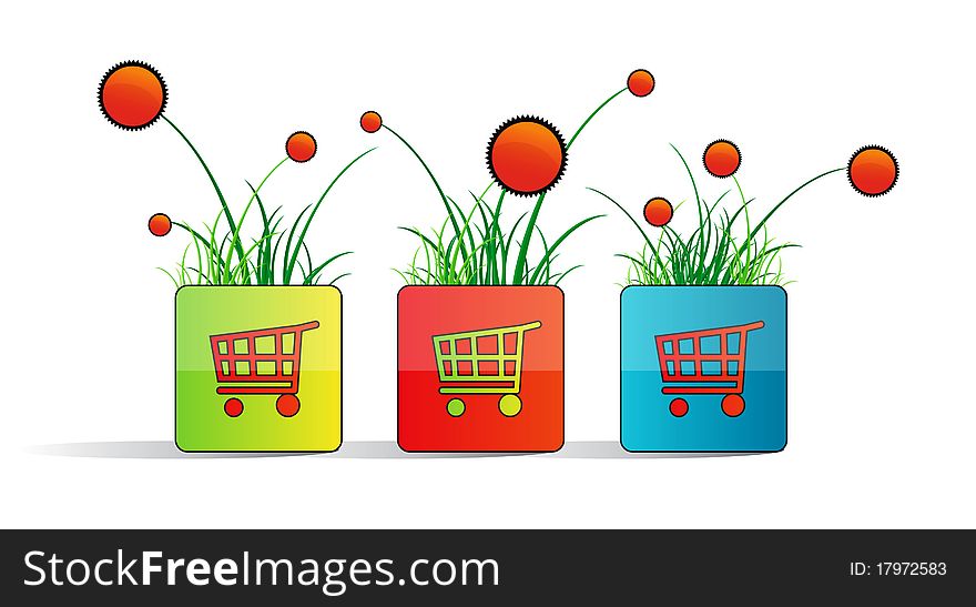 Icon depicting the colorful trolleys dyal purchases above the grass and flowers. Icon depicting the colorful trolleys dyal purchases above the grass and flowers