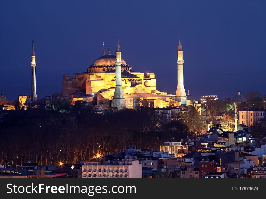 Hagia Sophia mosque in Istanbul at evening