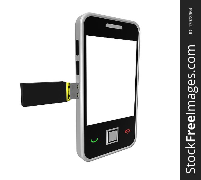 Modern mobile phone in which a computer flash drive is inserted. 3d computer modeling