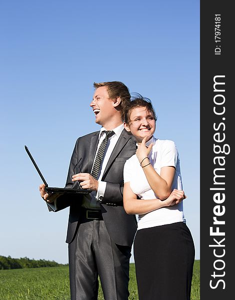 Business People Working On Laptop Computer Outside