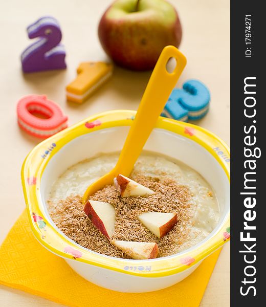 A bowl of porridge for kids. Shot for a story on homemade, organic, healthy baby foods.