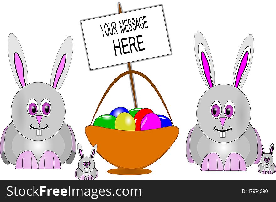 Easter bunnies on white with basket of eggs in cartoon style