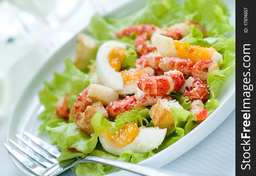 Fresh salad with shrimp and egg for appetizer