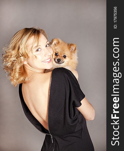 Girl in black dress holding a small dog on a gray background. Girl in black dress holding a small dog on a gray background