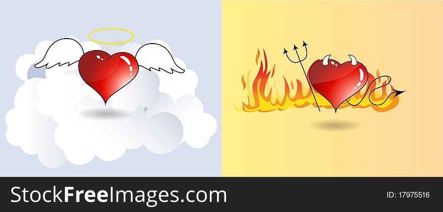 Vector Hearts illustration as Angel and devil. Clouds and fire at the background.