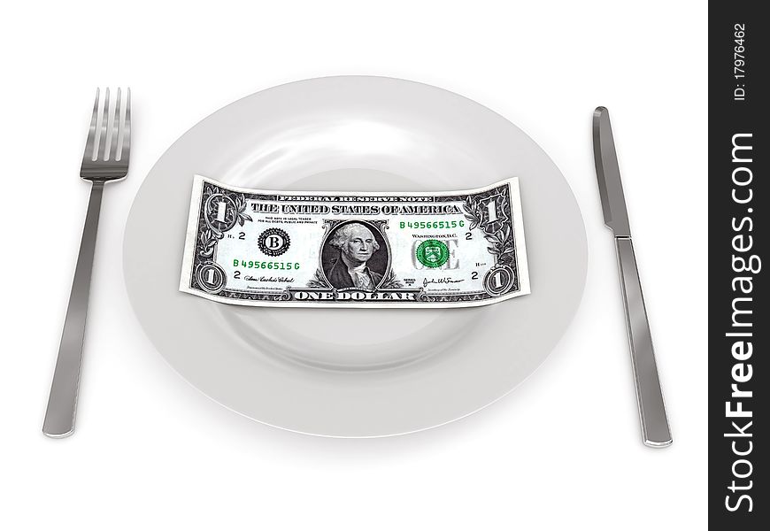 One dollar on plate with knife and fork rendered with soft shadows and isolated on white background