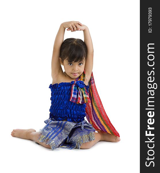 Little girl with arms up and tongue out, isolated on white background. Little girl with arms up and tongue out, isolated on white background