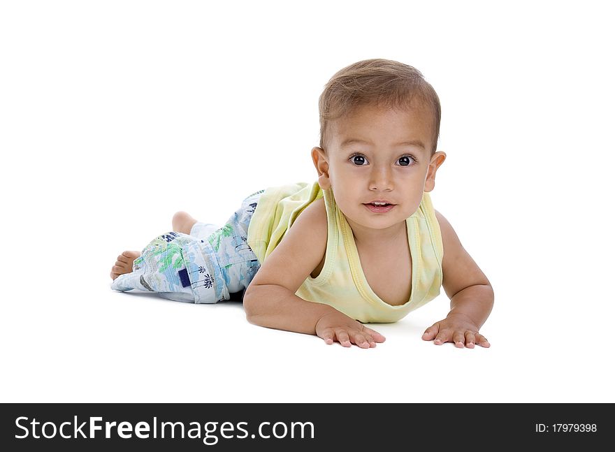 Cute little boy in studio, isolated on white background