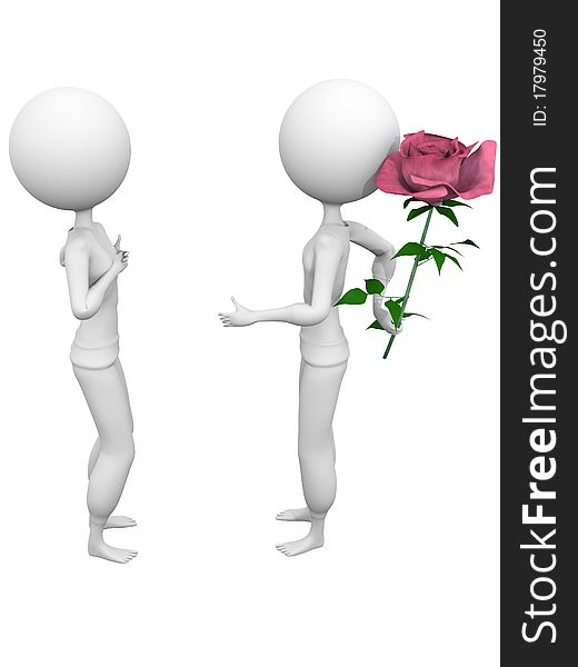 3D human gives a rose to his beloved one. 3D human gives a rose to his beloved one