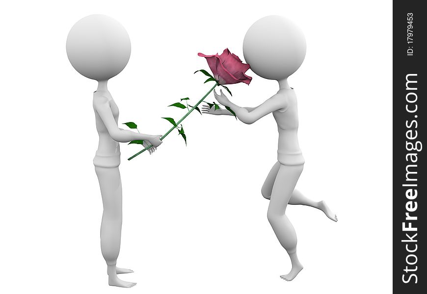 3D human gives a rose to his beloved one