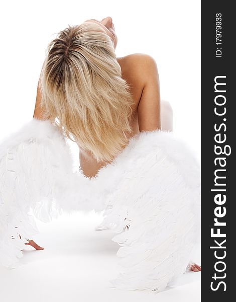 Blonde posing with angel wings on white