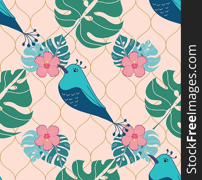 Seamless tropical pattern with abstract birds, leaves and flowers illustration