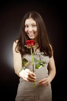 Beautiful Girl Gives A Red Rose Stock Photography