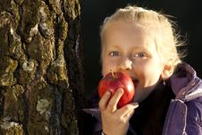 Young Girl Leans On Tree And Bite In An Appel Stock Image