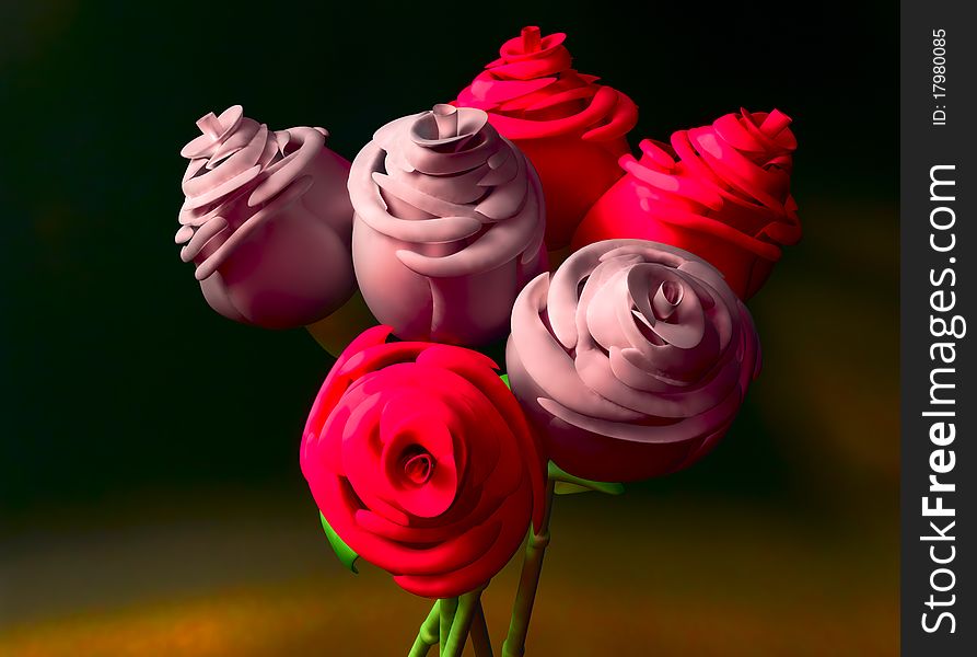 A computer-generated image of roses against a dark, blurred background. Roses are a traditional gift to a romantic partner as well as symbolizing love and purity. A computer-generated image of roses against a dark, blurred background. Roses are a traditional gift to a romantic partner as well as symbolizing love and purity.