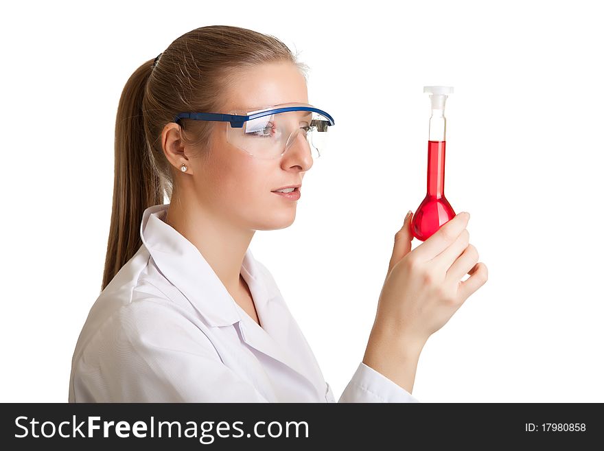 Isolated scientist woman in lab coat with chemical glassware. Isolated scientist woman in lab coat with chemical glassware