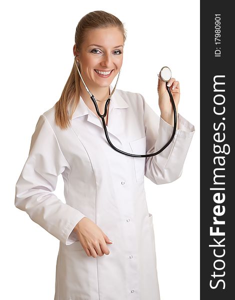 Medical doctor woman in uniform with stethoscope isolated on white. Medical doctor woman in uniform with stethoscope isolated on white
