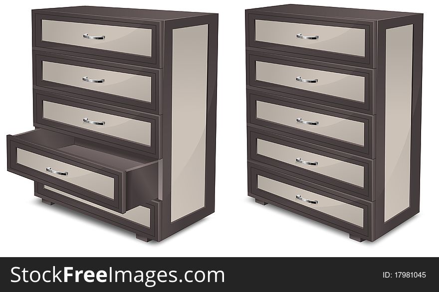 Wooden commode with drawers isolated over white, illustration