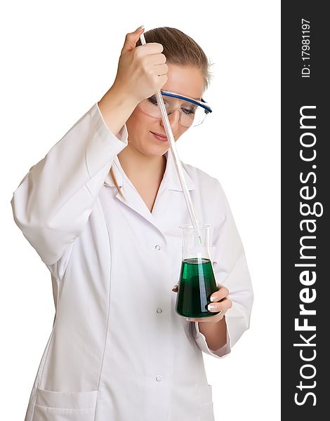 Isolated scientist woman in lab coat with chemical glassware