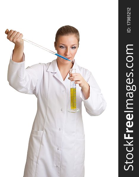 Isolated scientist woman in lab coat with chemical glassware