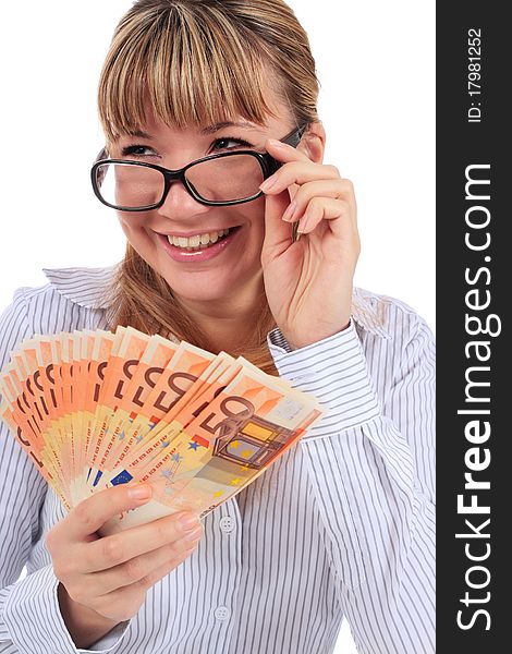 Beautiful smiling girl with money isolated over white. Beautiful smiling girl with money isolated over white.