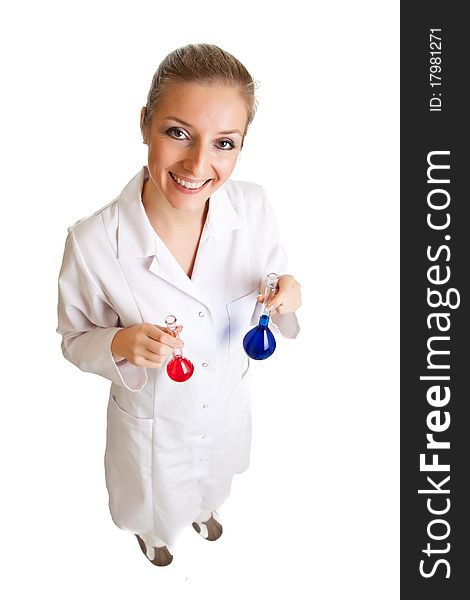 Isolated scientist woman in lab coat with chemical glassware