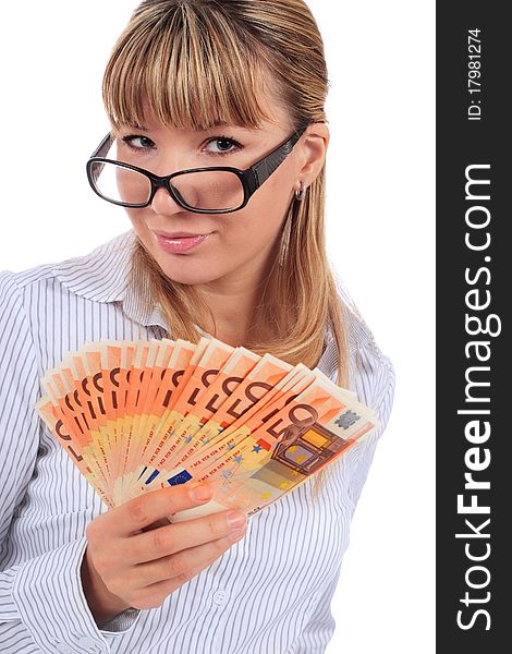 Beautiful smiling girl with money isolated over white. Beautiful smiling girl with money isolated over white.