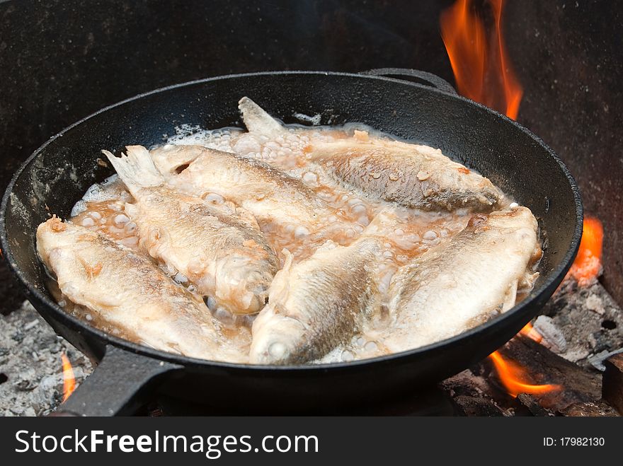 Golden fried fish in a skillet over an open fire