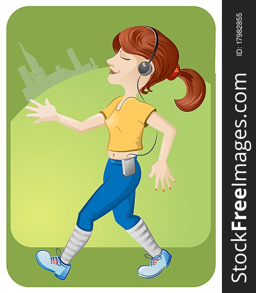 Running girl with headphones on green background