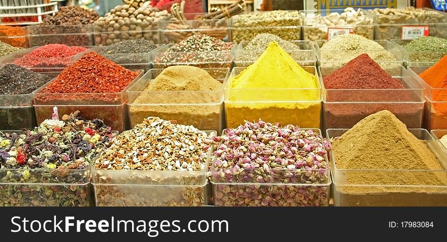 Spices and teas from Egyptian Bazaar(Spice Bazaar) in Istanbul, Turkey. Spices and teas from Egyptian Bazaar(Spice Bazaar) in Istanbul, Turkey