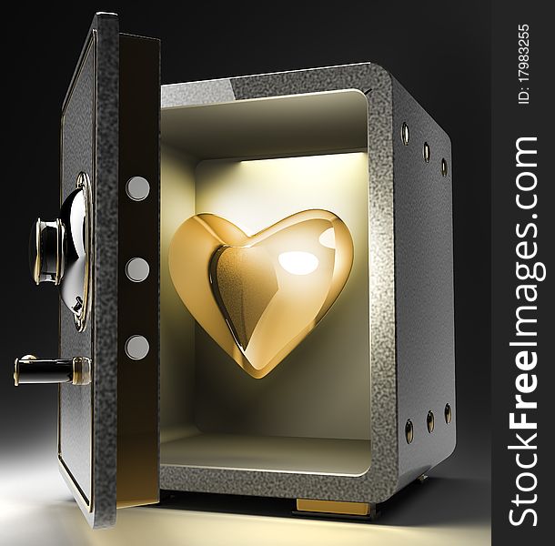 Opened safe with red heart isolated on black background. 3D render