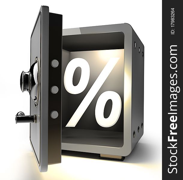 Opened safe with percent symbol isolated on white background. 3d render