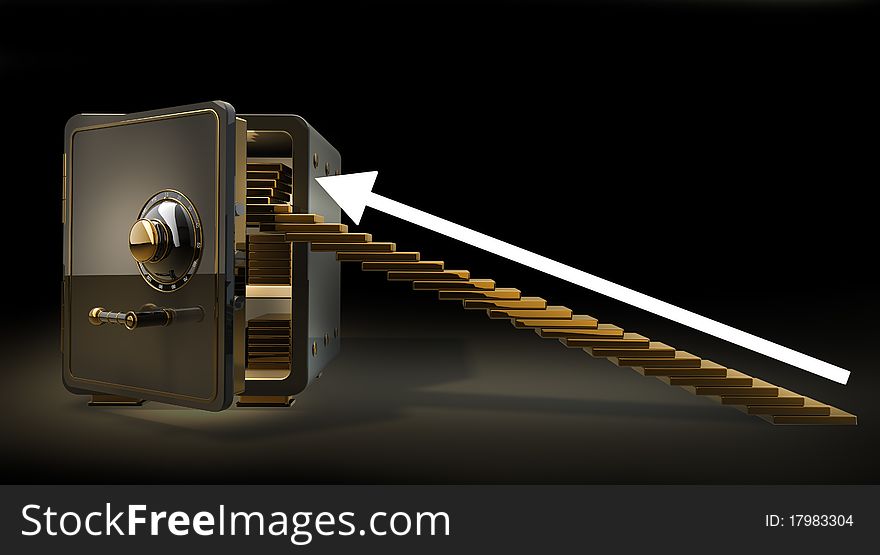 Opened safe with gold ingots 3d render